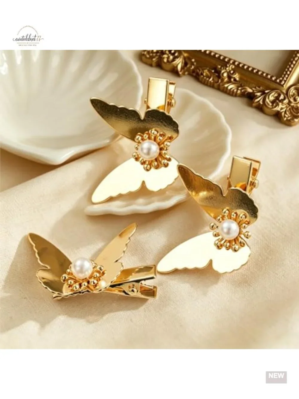 3PCS Gold Butterfly Hair Clips for Women 1.7x1inch Mini Pearl Clip Nonslip Bangs